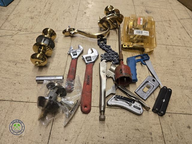 Lot 53-1003 - Mixed Tool Lot - Includes: NOS Door Knob/Handle lock Sets, Wrenches, Locking Vise Grip and more (C14...