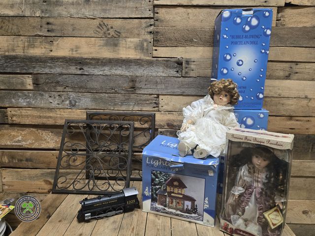 Lot 53-1026 - Mixed Lot of New In the Box Porcelain Dolls, New Lighted Porcelain House, Pair of Metal Wall Decor H...