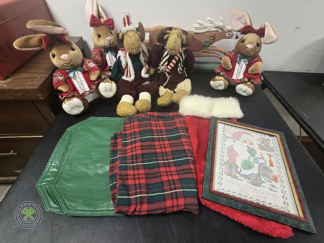 Lot 53-653 - Velveteen Plush Rabbits, Plush Moose, and Wooden Deer Sign, table cloth, placemats and more (BSMT)
