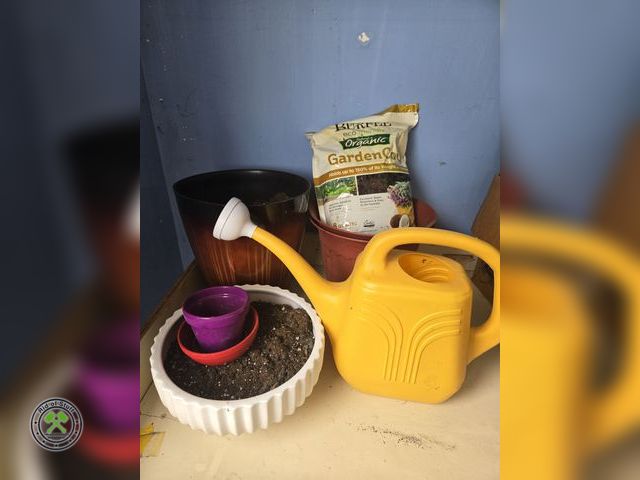 Lot 53-618 - Lot of Gardening Planting Pots, Plastic Waterer, and brand new bag of organic soil