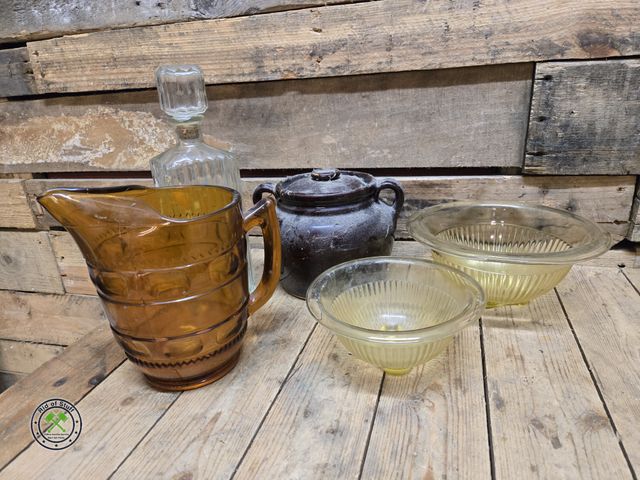 Lot 53-1039 - Vintage Colored Collectible Glass - Includes: Amber Colored Heavy Duty Pitcher, Yellow Bowls and Mor...