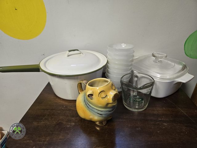 Lot 53-735 - Lot of Misc Kitchen Vintage Items - Corelle Cups, Shawnee Pig Pitcher, Glass Measuring Cup, Enamel C...