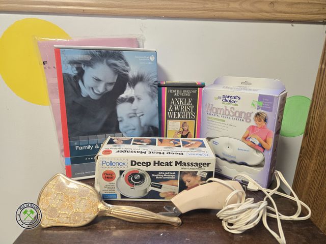 Lot 53-723 - Lot of NOS Vintage Items - Hand Weights, Deep Heat Massager, Vintage Hair Brush, Baby Womb Song and ...