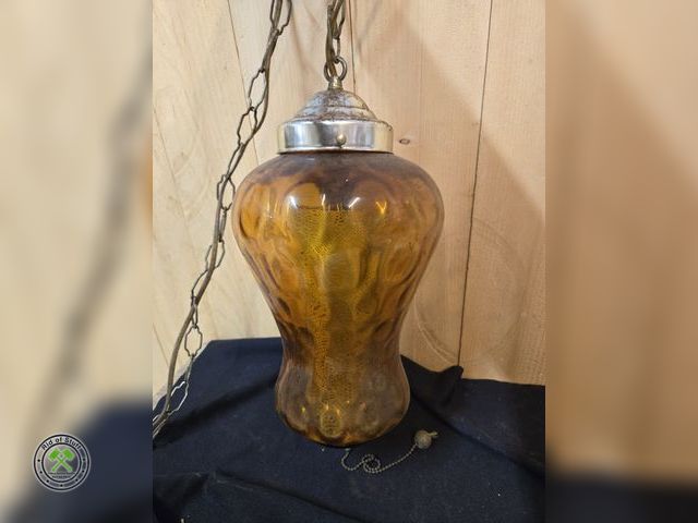 Lot 53-529 - Vintage Amber Glass Colored Swag Lamp Chandelier - May need a new bulb or re-wired. Does not light u...