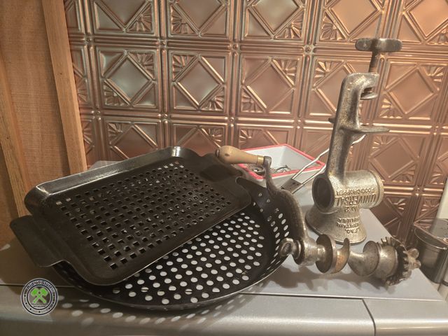 Lot 53-584 - (2) Grill basket Pans, Universal meat grinder with attachments