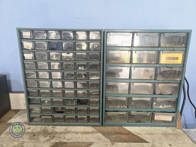 Lot 53-559 - (2) Metal Plastic Drawer Storage Bin Hardware Organizers with Misc Hardware