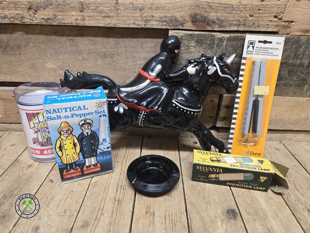 Lot 53-974 - Lot of vintage items - 1980's Black Ninja on Horse, Salt &amp; Pepper Shakers, Camera Accessories an...