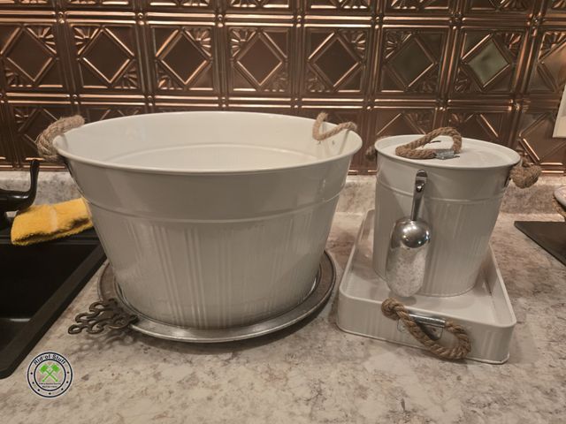 Lot 53-591 - West Elm White Metal Party Ice Bucket, Serving Tray with Small Ice Bucket - Like New!