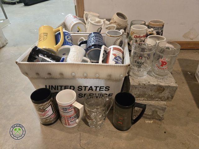 Lot 53-684 - Large lot of Vintage and Collectible Mugs, Budweiser Beer Steins, Beer Glasses, Whiskey Glasses and ...