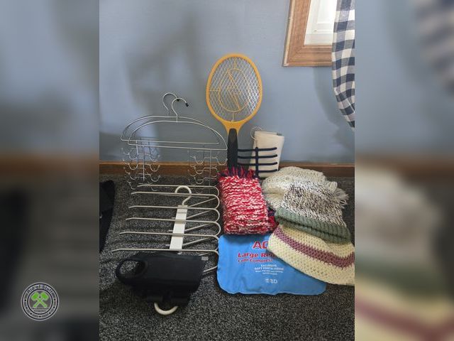 Lot 53-539 - Lot of Misc Items - Metal Hanger Organizers for scarves, belts , Knitted scarves and hats, ice pack ...