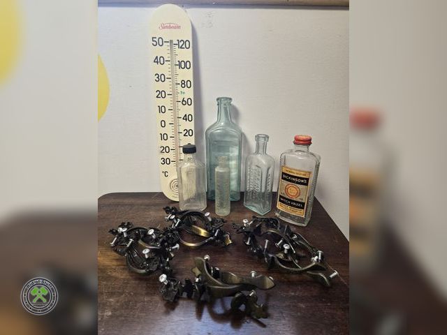 Lot 53-712 - Lot of Antique Glass Bottles, Thermometer, and Vintage Metal Drawer Pulls (BSMT-3)