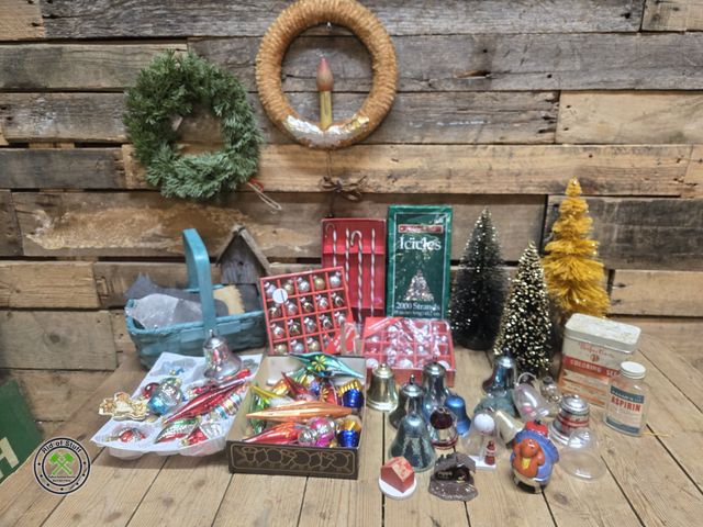 Lot 53-1074 - Christmas Decorations Lot - Includes: Old Lighted Candle Stick Wreath, Vintage Ornaments, Cow/Pig Me...