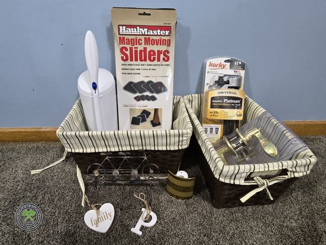 Lot 53-528 - (2) Decorative Storage Baskets with Furniture Moving Sliders, outlet night light, metal bicycle wall...
