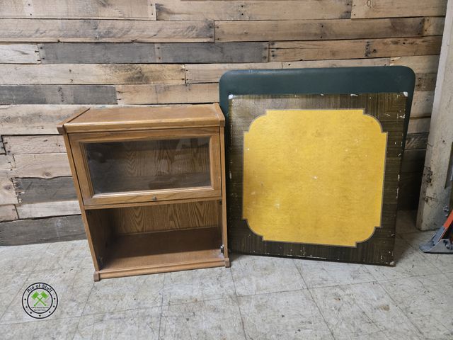 Lot 53-956 - Wooden 2 Shelf Bookshelf Lawyers Cabinet Style, Missing bottom glass piece with 2 Fold Up Card Table...