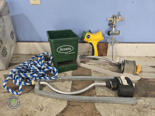 Lot 53-598 - null Sprinklers, Hand Seeder Spreader, Rope and more