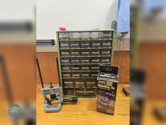 Lot 53-683 - Metal Hardware Parts Bin Organizer, Doweling jig in the box and Portable Drill Guide
