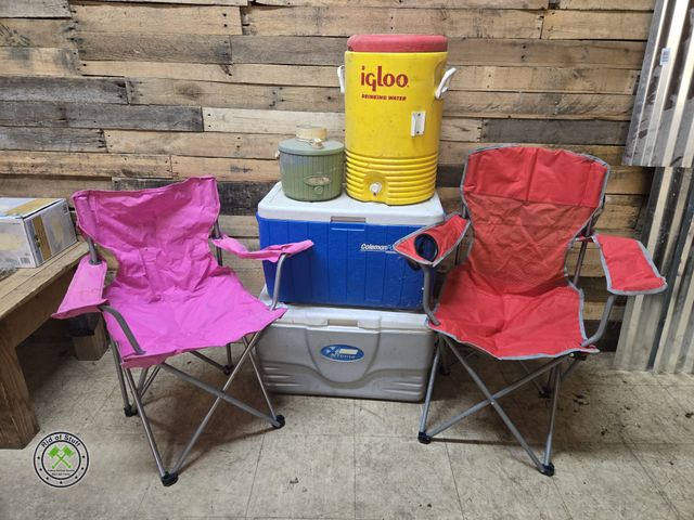 Lot 53-2027 - Igloo Beverage Cooler, Coleman Insulated Coolers, 2 Folding Camping Chairs