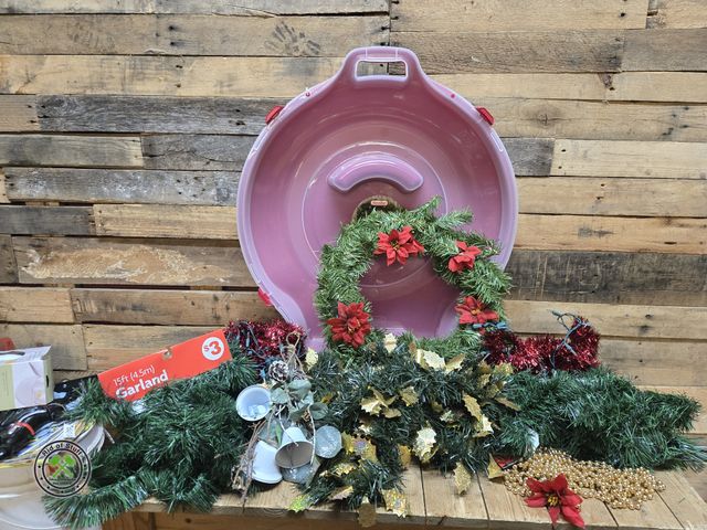 Lot 53-965 - New Plastic Wreath Storage Holder, New Strands of Green Garland, Misc Garland and Christmas Greenery