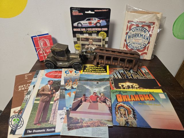 Lot 53-736 - Lot of Misc Vintage Ephemra - Vintage Postcards, Chewing Tobacco Papers, Vintage Metal Train, and Me...