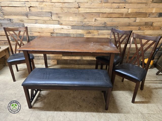 Lot 53-2000 - Wooden Dining Room Table - Measures: 60"x36"x30" with 3 Chairs and 1 Bench - Good Condition, One cha...