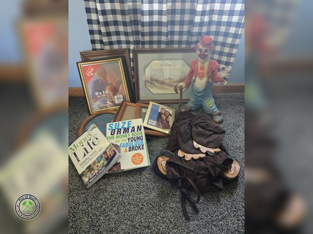 Lot 53-545 - Vintage Ceramic Clown - approx 12-14" Tall with Misc Picture Frames and books