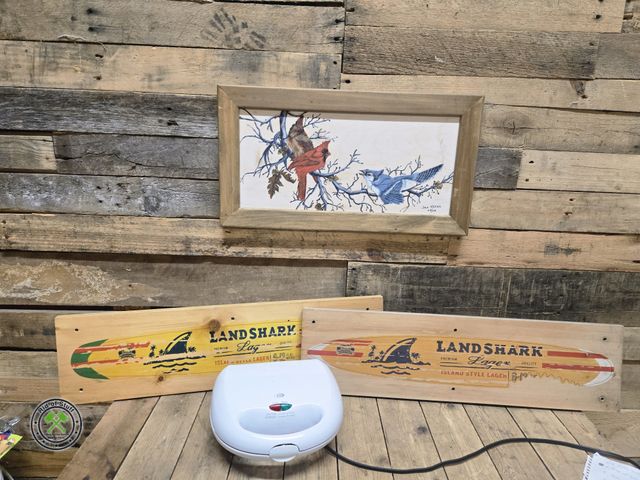 Lot 53-1033 - (2) Wooden Landshark Beer Wall Decor, Framed Bird Picture and Electric Sandwich Maker (C15B)