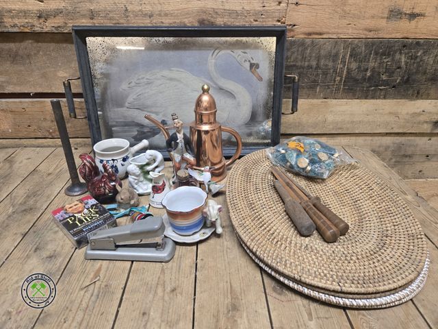 Lot 53-941 - Misc Vintage Decor Lot - Includes: Swan Serving Platter, Copper Tea Pot, Collectible Figurines, and ...