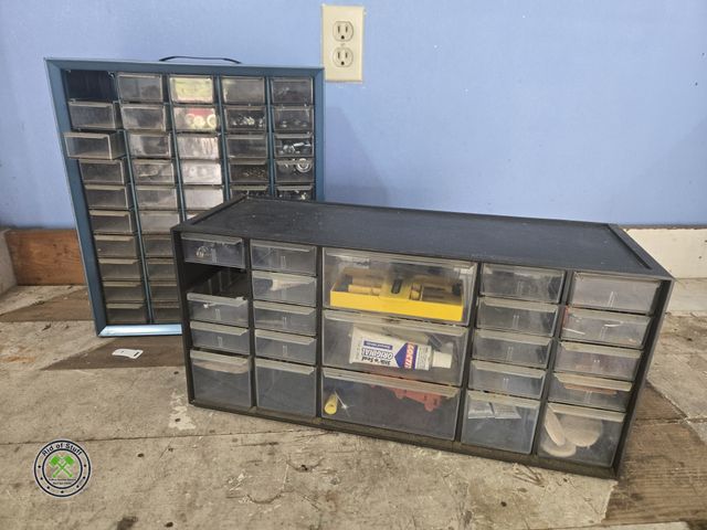 Lot 53-560 - (2) Metal Plastic Storage Hardware Bins with misc hardware in drawers