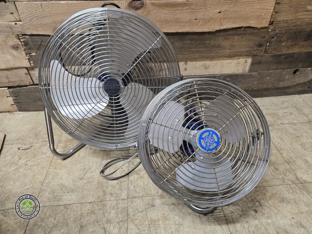 Lot 53-973 - Large and Medium Sized Metal Round Air Circulators Fans - Small one wont turn on, may need re-wired.