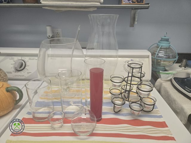 Lot 53-571 - Metal Candle Holder with Glass Inserts, Large Punch Bowl with Spoon, with Misc Glass Decorative Vase...