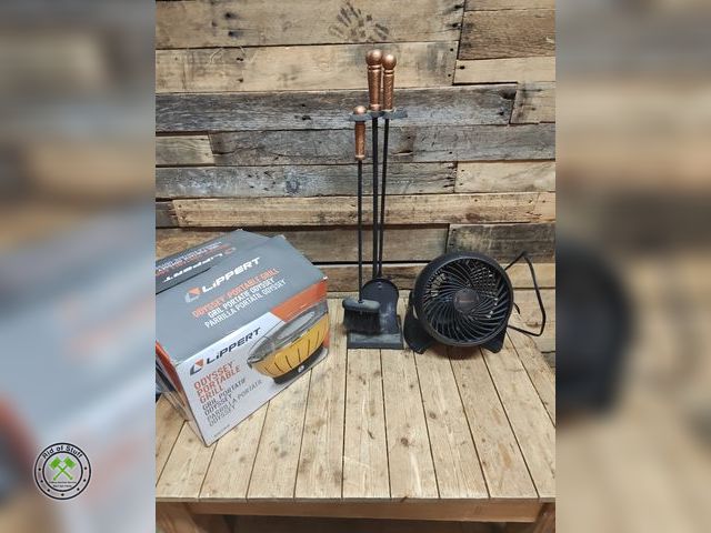 Lot 53-573 - New Portable Grill, Fireplace Tool Set and Table Top Fan (D1B)