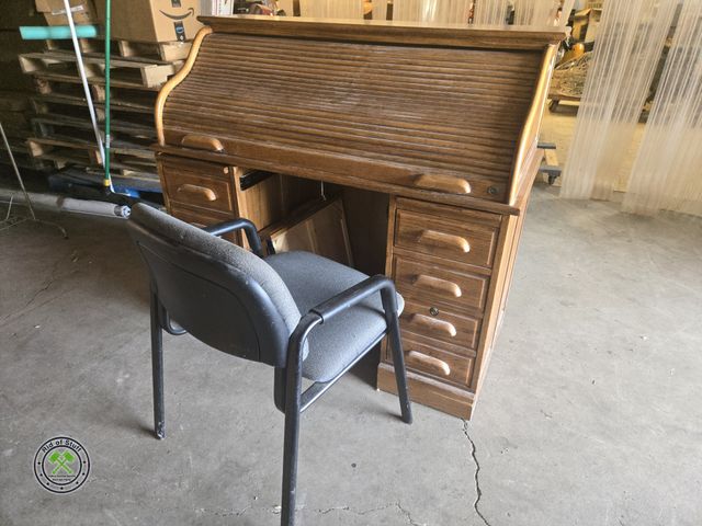 Lot 53-1018 - Wooden Roll Top Desk with Office Chair - Desk Comes apart in 4 pieces to make for easy transport!