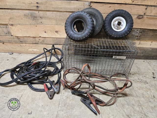 Lot 53-2036 - 2 pairs of heavy duty jumper cables with cool metal wire basket with attached lid - measures: 24"x12...