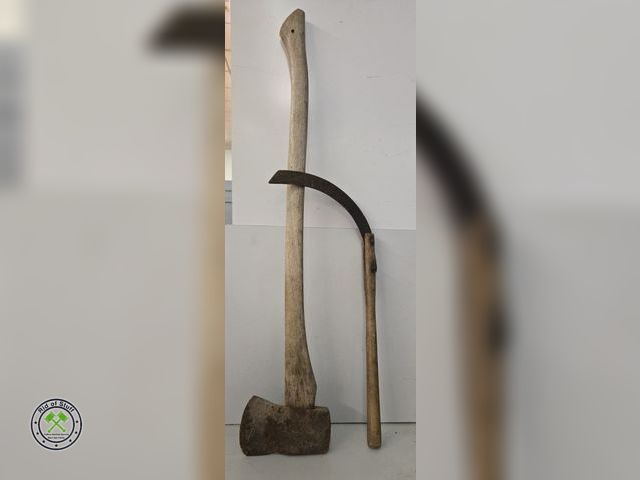 Lot 53-522 - Vintage Rustic Wooden Handled Axe and Antique Wooden Handled Hand Sickle