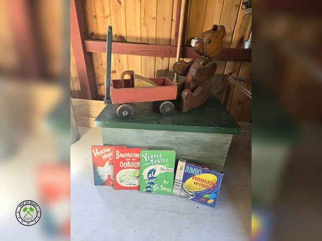Lot 53-716 - Vintage Wooden Toy Box with Vintage Wooden Handmade Bear, Vintage Dr. Suess Hardcover Books and more...