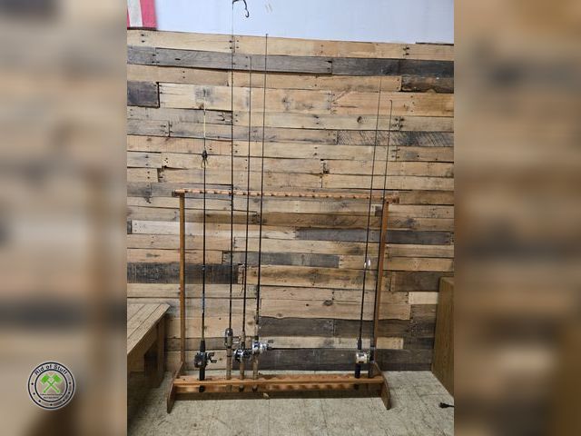 Lot 53-812 - Large Wooden Fishing Pole Storage Holder with Misc Fishing Rods/Reels - All in good working order. H...