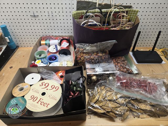 Lot 53-614 - Lot of Several Gift Bags, Ribbon Spools, Bows, Artificial Vase Fillers and More