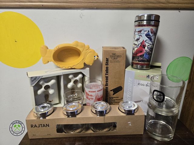 Lot 53-732 - Lot of misc items - Includes: NOS Knob Hook Set, Vintage Glasses, Fish Mac n Cheese Dishes, Ikea set...