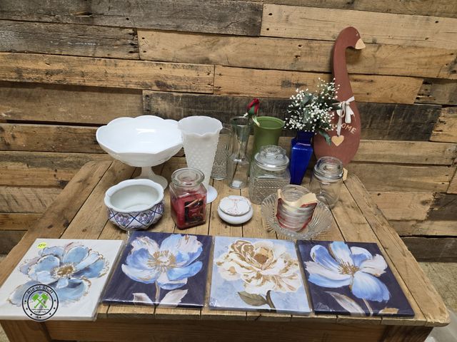 Lot 53-835 - Floral Canvas Prints, Milk Glass Vases, Glass Jars, Home Decor and More (D1B)