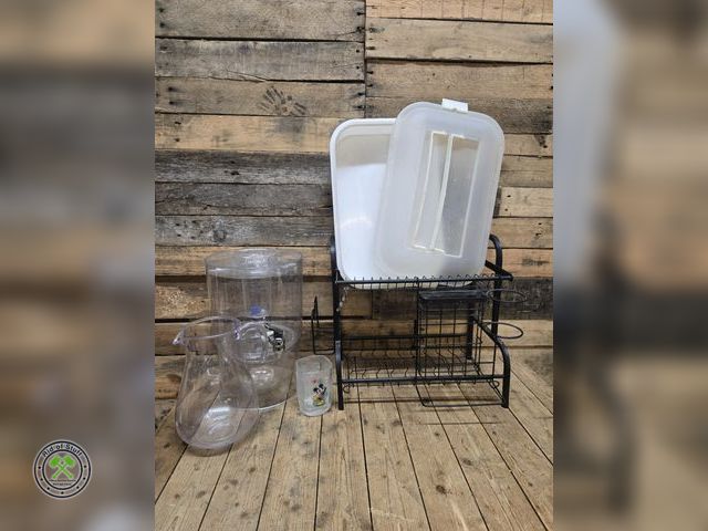 Lot 53-955 - Metal Dish Drying Rack/Sink Organizer, Plastic Pitcher, Plastic Beverage Dispenser for parties, and ...