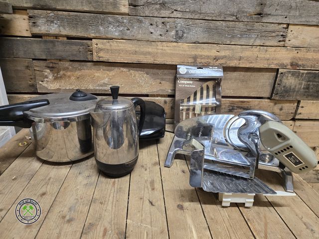 Lot 53-2009 - Rival Electric Food Slicer - Powers on, George Forman Grill, Set of Old Hickory Knives, Pans and mor...
