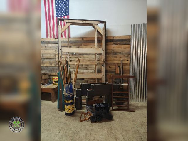 Lot 53-568 - Slate Pool Table with Michigan Wastebasket full of  Pool Sticks Balls/Cues - Comes with Hardware