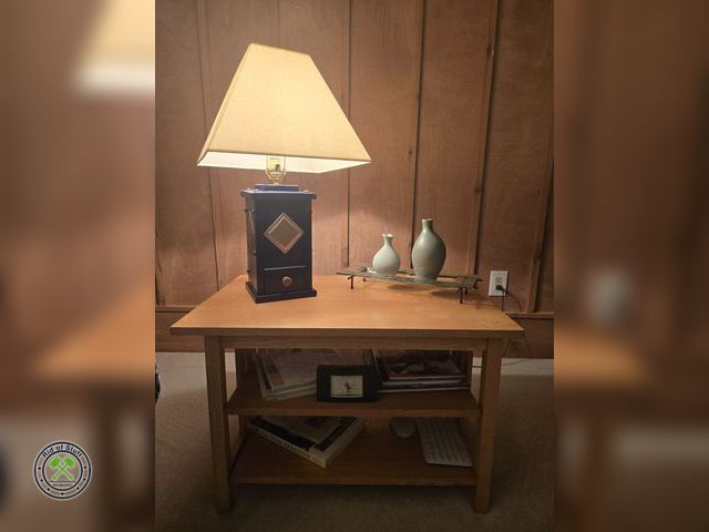 Lot 53-608 - Wooden Side Table Coffee Table with Contents - Includes: Lamp, Decor, Books and more. Measures: 32"x...