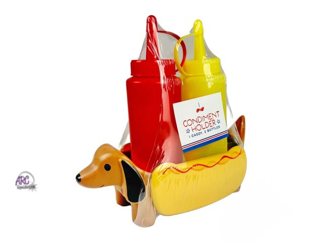 Lot 56-74598 - New Novelty Condiment Weiner Dog Holder (1 Caddy, 2 Bottles)