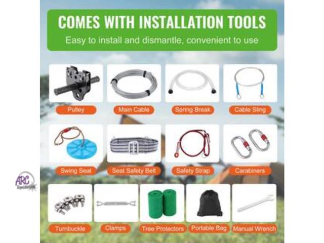 Lot 56-651638 - New - Vevor Zipline Kit for Kids and Adult 60 ft. Zip Line Kits Up to 500 lbs. Backyard Outdoor Quic...