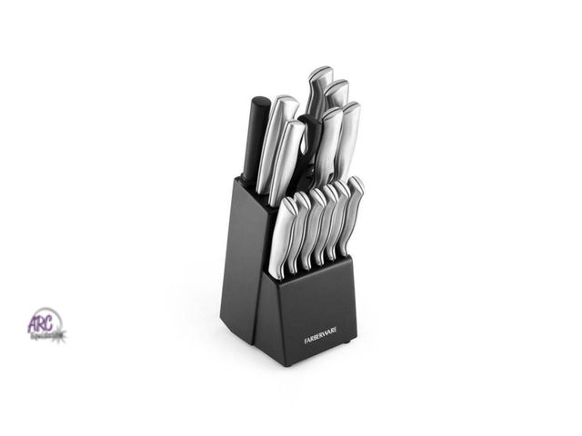 Lot 56-281827 - NEW Farberware 15pc Stainless Steel Knife Block Set: Kitchen Knife Set with Block, Serrated Blades, ...