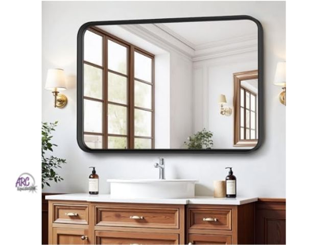 Lot 56-728917 - New Mirror for Wall, 30x22 Inch Rounded Rectangle Mirror, Black Metal Framed . Vertical or horizonta...