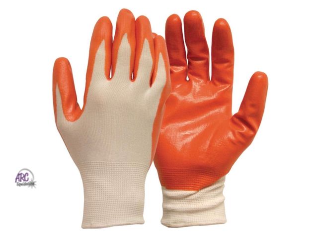 Lot 56-144664 - New Lot of 30 Firm Grip Total Nitrile Dip Gloves (5 per Pack) - (Size Large Orange/White)