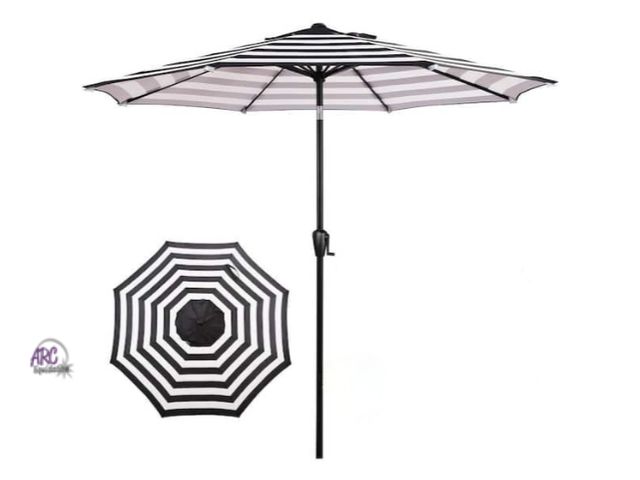 Lot 56-752260 - New in box. 9 ft. Round 8-Rib Steel Market Patio Umbrella in Black and White Stripe