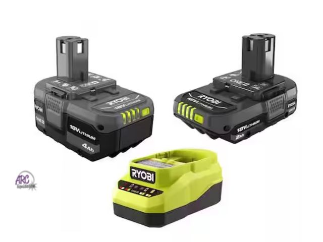 Lot 56-880119 - New - RYOBI ONE+ 18V Lithium-Ion Starter Kit with 2.0 Ah Battery, 4.0 Ah Battery, and Charger